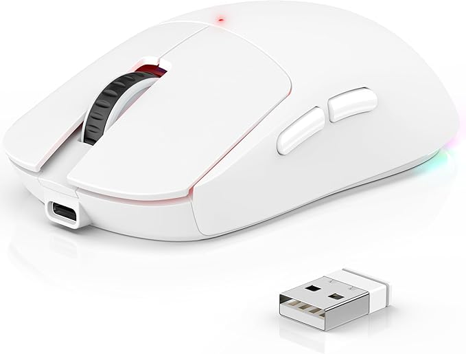 Bluetooth Wireless Gaming Mouse for MacBook Air PC iPad Pro Ergonomic Rechargeable Laptop Mice with Jiggler Mode 8000DPI RGB Computer Mouse Wired/Bluetooth 5.3/2.4G USB 3 Mode Connect - White