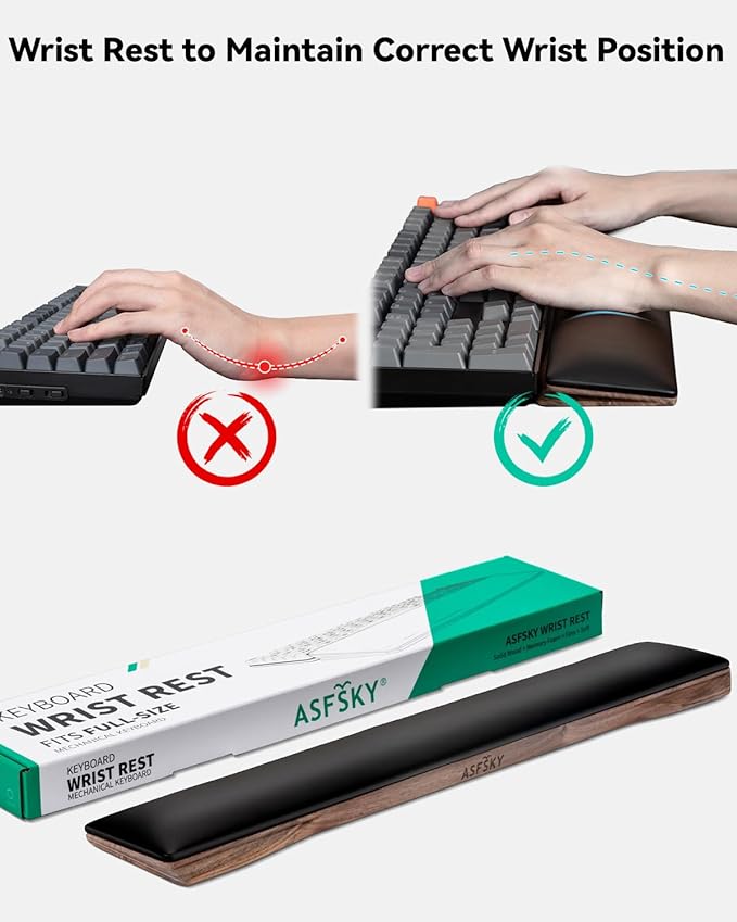 Keyboard Wrist Rest with Memory Foam Anti-Slip Rubber Base Ergonomic Wooden Wrist Rest for Mechanical Keyboard Durable and Easy to Clean for Gamer Staff (Walnut)