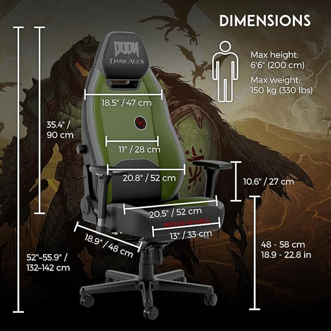 noblechairs Legend Gaming Chair – Doom: The Dark Ages Edition – Premium PU Leather Adjustable Ergonomics Lumbar Support 4D Armrests – Officially Licensed Bethesda Collectible