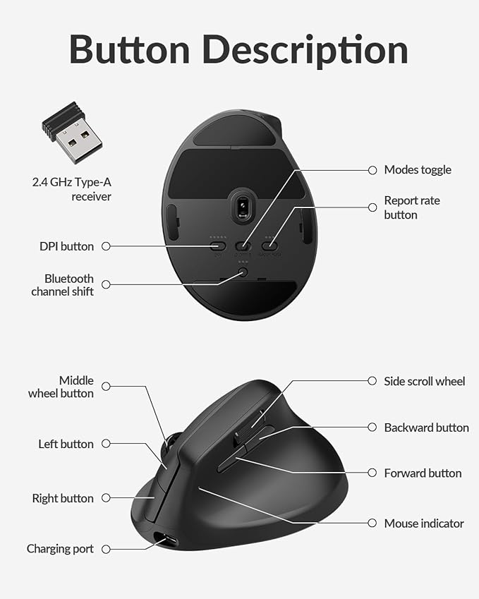 Keychron M5 8K Vertical Ergonomic Mouse Wireless 2.4 GHz/Bluetooth 5.3/Wired Computer Mice Rechargeable 5 Levels Up to 30K DPI with Programmable Buttons for Laptop macOS/Windows - Black