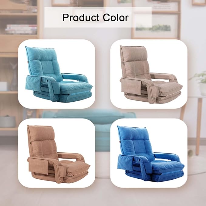 Folding Chaise Lounge Chair with Armrest 6 Adjustable Positions Indoor Floor Chair for Living Room Bedroom BalconyComfy Gaming Recliner Chair Padded Seats for Adults (Green)