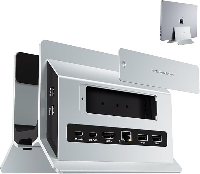 MacBook Pro Air Docking Station Vertical USB C Laptop Docking Station with M.2 SSD Slot HDMI 4K@60Hz 4 USB A/C Max 10Gbps Ethernet SD/TF PD Dock for MacBook/USB-C Win Laptops - Silver