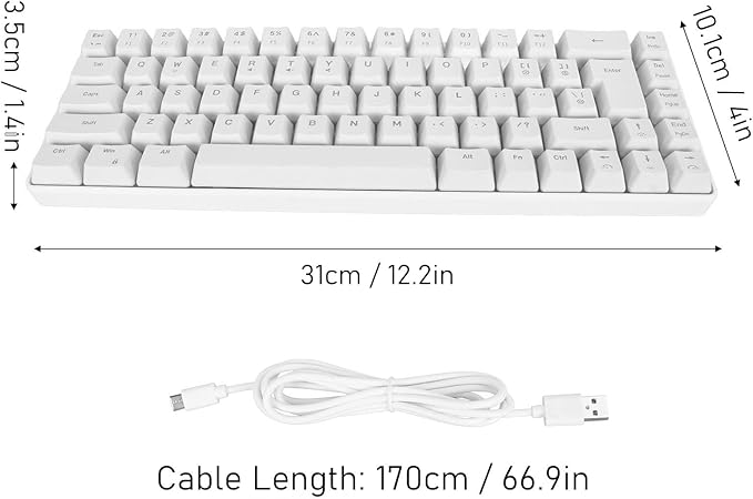 Mechanical Gaming Keyboard V200 68 Keys LED Backlit USB Wired Keyboard Type C USB Gaming Keyboard for IBM PC Win98SE (White)