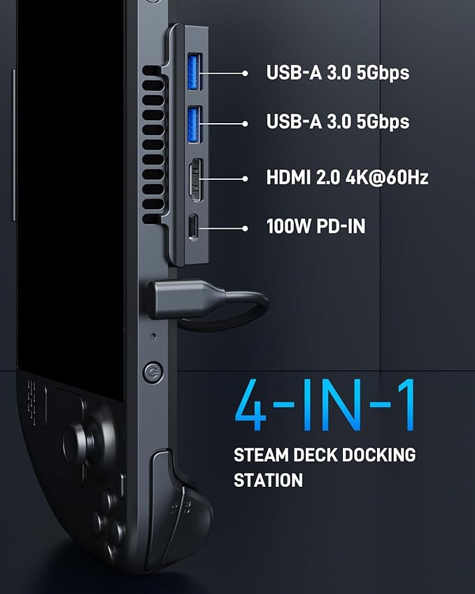 Steam Deck Dock 4-Port USB C Hub with HDMI 2.0 4K@60Hz Dual USB-A 3.0 100W Max PD-in Foldable Stand