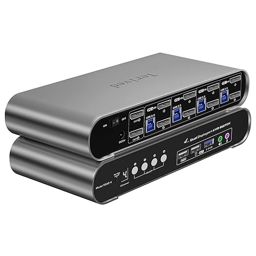 4 Computers 2 DP Monitors Automatic KVM Switch 8K@30Hz 4K@144Hz 4 Port DP USB 3.0 Dual Monitor Aluminum hotkey Audio Microphone Digital Display HDR10 with Cables