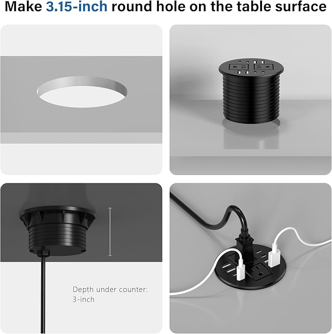 Jgstkcity Power StripDesktop Recessed Power Grommet40W Total USB C Fast Charging3.15-Inch Hole 4 Outlets &amp 8 Ports Ideal for Desktop &amp Countertop Flush Mount Outlet