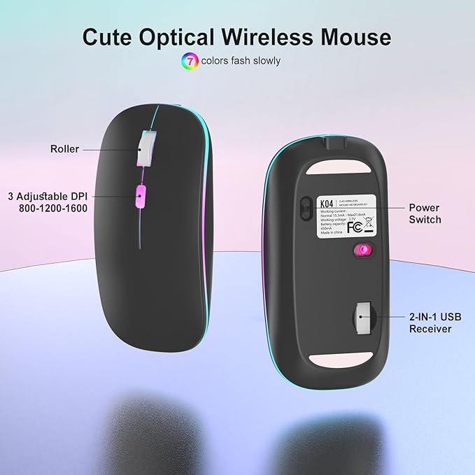 Black Light Up Keyboard and Mouse WirelessCute 2.4Ghz Cordless Rechargeable Transparent Backlit Keyboard15 Backlight EffectsVolume KnobRGB Mouse with 3 DPI for Mac Computer PC Laptop Desktop iPad
