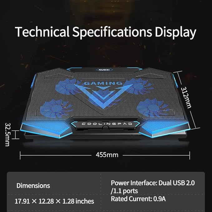 Upgrade Your Setup with This 17.3-inch Foldable Laptop Cooling Stand Featuring 5 high-Speed Fans Adjustable Ergonomic Design and Portable Cooling for Gaming or Work. Sleek Black &amp Blue Finish.