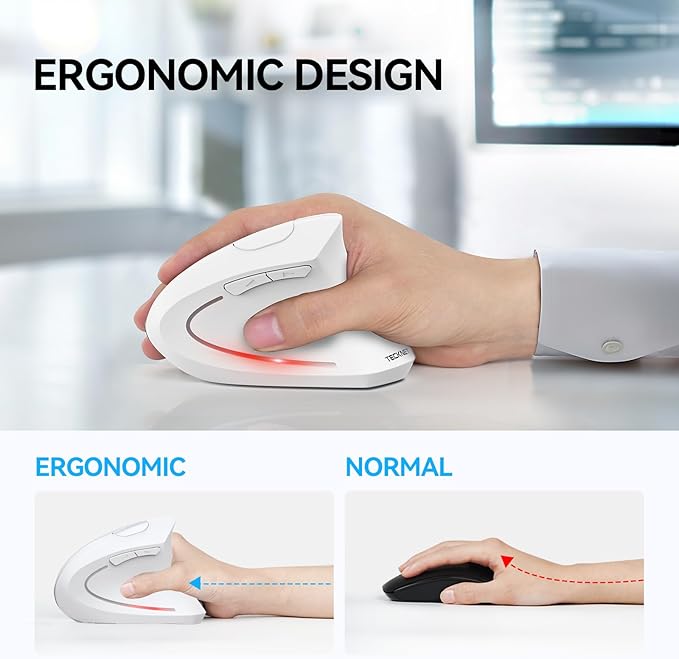 TECKNET Ergonomic Mouse Wireless Bluetooth Vertical Mouse 4800 DPI Optical Tracking 6 Adjustable DPI Quiet Clicks 2.4GHz with USB A Receiver 12 Months Battery 6 Buttons Wide Compatibility