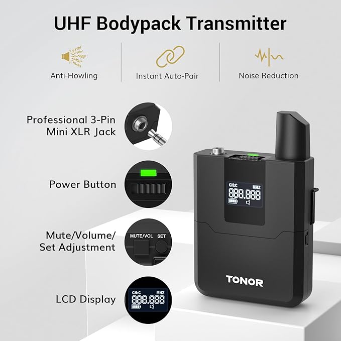 TONOR Wireless Microphones System with UHF Headset/Lavalier Lapel Mics Bodypack Transmitter Receiver 4 * 10 Channels 60 m/200ft Range for Church Conference Performance Singing Karaoke PA Speaker