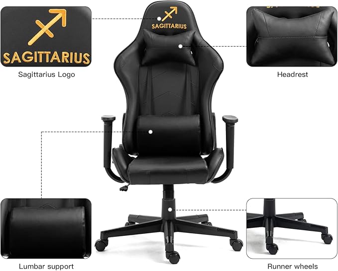 Modern-Depo Gaming Chair with Zodiac Star Sign Sagittarius Astrology Logo Ergonomic Computer Chair with Headrest Lumbar Support Swivel and Recline Black