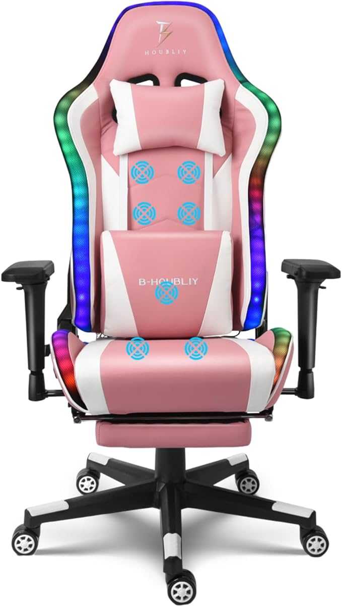 Ergonomic Office Chair with 7-Pointed Vibration Massage and Footrest Big and Tall PU Leather Gaming Chair with Speakers and RGB Lights Computer Chair with Lumbar Support Headrest ArmrestPink