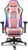 Ergonomic Office Chair with 7-Pointed Vibration Massage and Footrest Big and Tall PU Leather Gaming Chair with Speakers and RGB Lights Computer Chair with Lumbar Support Headrest ArmrestPink