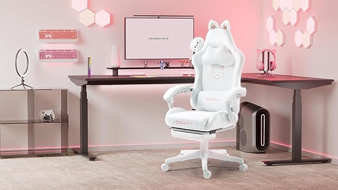 Dowinx Gaming Chair Cute with Cat Ears and Massage Lumbar Support Ergonomic Computer Chair for Girl with Footrest and Headrest Comfortable Reclining Game Chair 290lbs for Adult Teen White