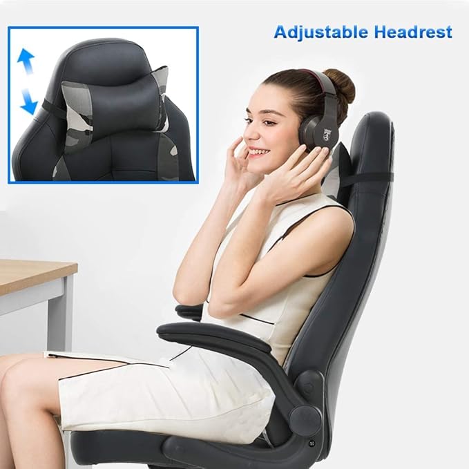 Gaming Desk Chair PC Gaming Chair Gamer Chair Comftorable Ergonomic PU Leather Computer Office Chair with Lumbar Support Flip Up Arms High Back Executive Gaming Stuff for Girl Kids Adults (Camo)