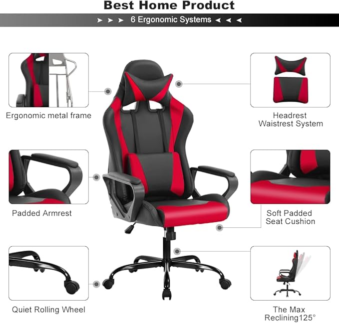 Ergonomic Gaming Chair High Back PU Leather Office Chair with Adjustable Lumbar Support &amp Headrest – Swivel Computer Desk Chair for Adults Teens Kids – Heavy Duty Executive Red Game Chair-Red