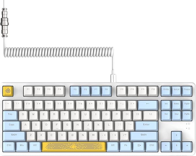 MAGIC-REFINER AK873 Gaming KeyboardRainbow Led BacklitHot-Swappable Blue SwitchPBT Keycap75% TKL LayoutErgonomic Mechanical Keyboard with Custom Coiled USB/Type-C Aviation Cable(Blue White)