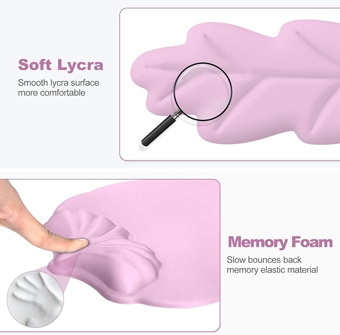 Keyboard Wrist Rest and Mouse Pad with Wrist Support Set Ergonomic Leaf Shape Mouse Pad with Non-Slip Base Pain Relief Memory Foam Mousepad for ComputerLaptopHome Office Pink