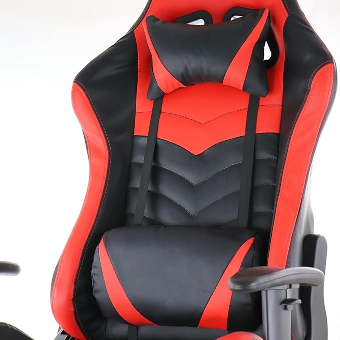 Ergonomic Gaming Chair with Footrest Adjustable Reclining Gamer Chair with Lumbar and Head Pillow Support Swivel Office Gaming Chair with Pleather Upholstery High-Back Chair (Red)