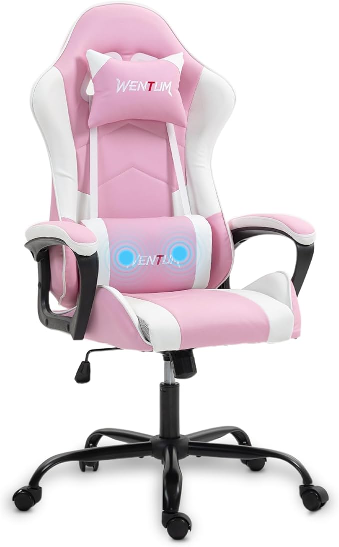 Gaming Chair PU Leather Massage PC Video Game Chair with Lumbar Support for Men Women Home Office Height Adjustable Ergonomic High Back Pink