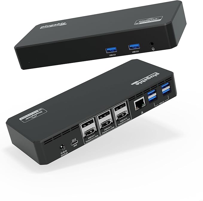 Plugable 12-in-1 USB C Triple Monitor Docking Station Triple 4K Displays with 3X HDMI or 3X DisplayPort Compatible with Mac Windows Thunderbolt USB4 USB-C (100W PD 6X USB Ports Ethernet)