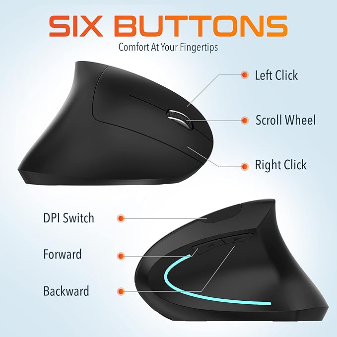 Delton Ergonomic Vertical Rechargeable Wireless Mouse with Auto Pair USB Dongle 6 Buttons 3 Adjustable DPI Levels (800/1200/2400) Compatible for PC Laptop Mac Chromebook - Black