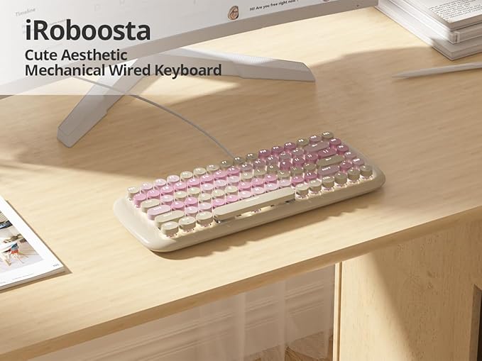 Milky Creamy Mechanical Gaming Keyboard Aesthetic Keyboard w/White Backlit 84 Keys Cute Retro Typewriter Computer Keyboard Wired w/Pink Switch Round Keycap for Windows/PC/PS5 (Milk Tea)