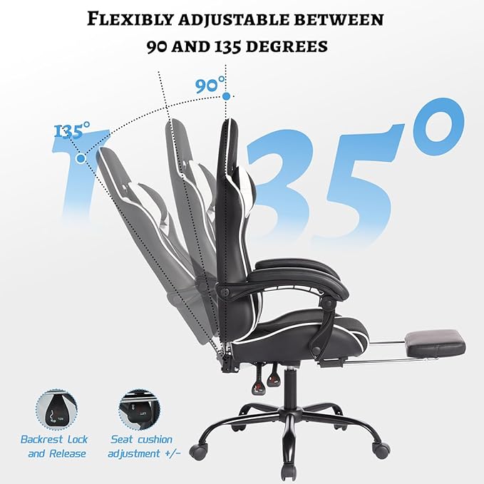 Video Game Chair with Footrest Leather Gaming Chairs with Adjustable Support Ergonomic Computer Chair for Adults (White+Black)