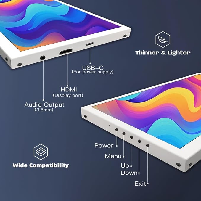 Small HDMI Computer Temp White Monitor 10.1 inch 1024x600 IPS Sensor Panel Mini Secondary Screen PC Temperature Display Built-in Speakers for Windows PC