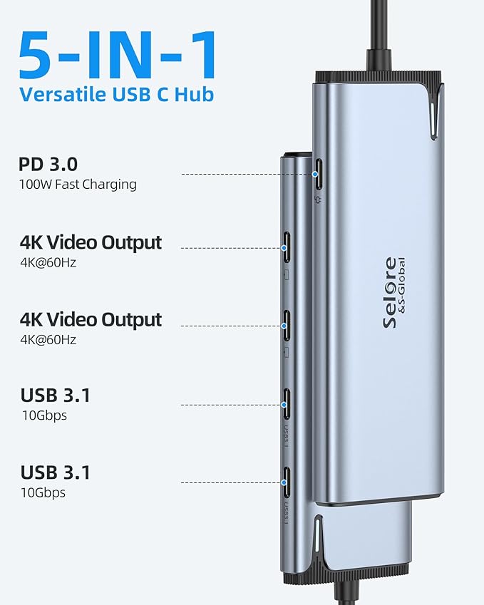 Selore USB-C Splitter with Dual 4K@60Hz Video OutputUSB-C to USB-C Hub Dual Video Monitor with DP Alt Mode10Gbps Data Transfer100W PDDocking Station Dual Monitor for Laptop iPad Dell HP and More
