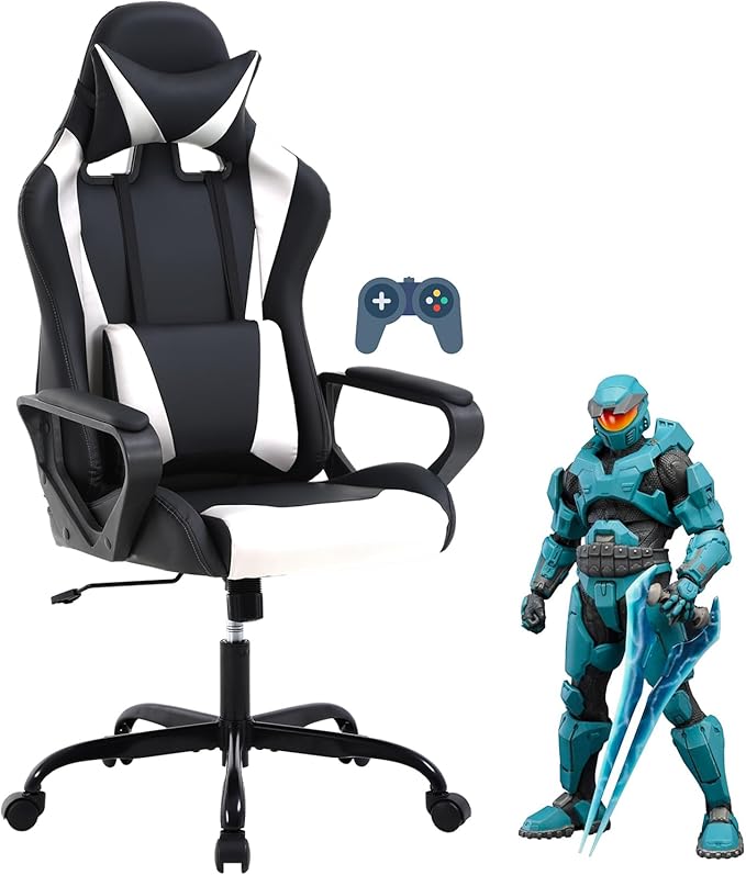 Ergonomic Gaming Chair High Back PU Leather Office Chair with Adjustable Lumbar Support &amp Headrest – Swivel Computer Desk Chair for Adults Teens Kids – Heavy Duty Executive Red Game Chair - Whi