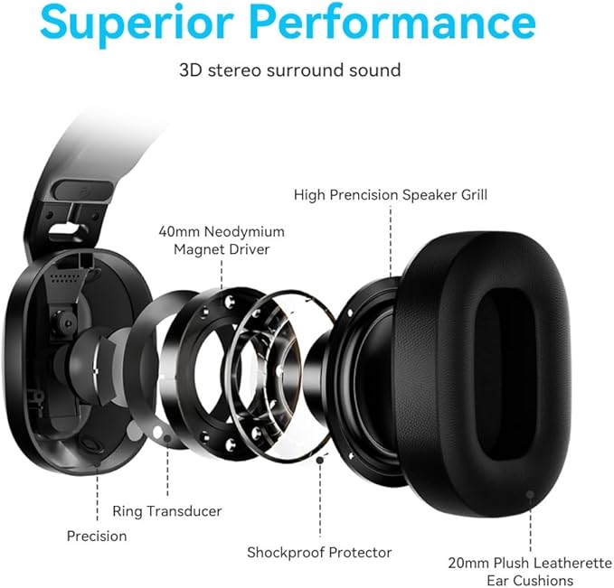 2.4GHz Wireless Gaming Headset for PC PS5 PS4 Switch - Bluetooth 5.4 20H Battery with ENC Noise Canceling Microphone Cool Lighting 40mm Driversfor Wired Mode Xbox Series -Black