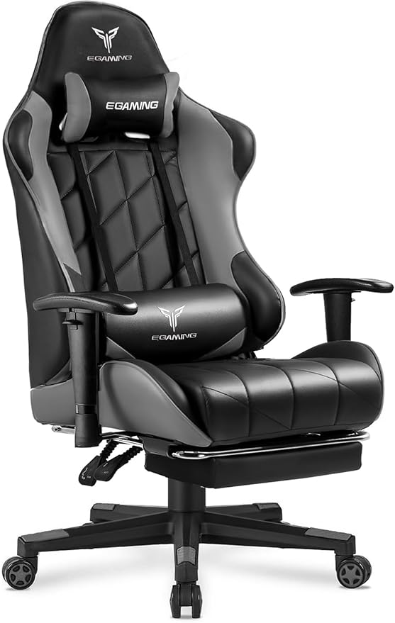Gaming Chair Big and Tall Video Game Chair with High Back PU Leather Home Office Ergonomic Computer Chair with Footrest Adjustable Height 360° Swivel Wheels for Adults and Teens (Grey)