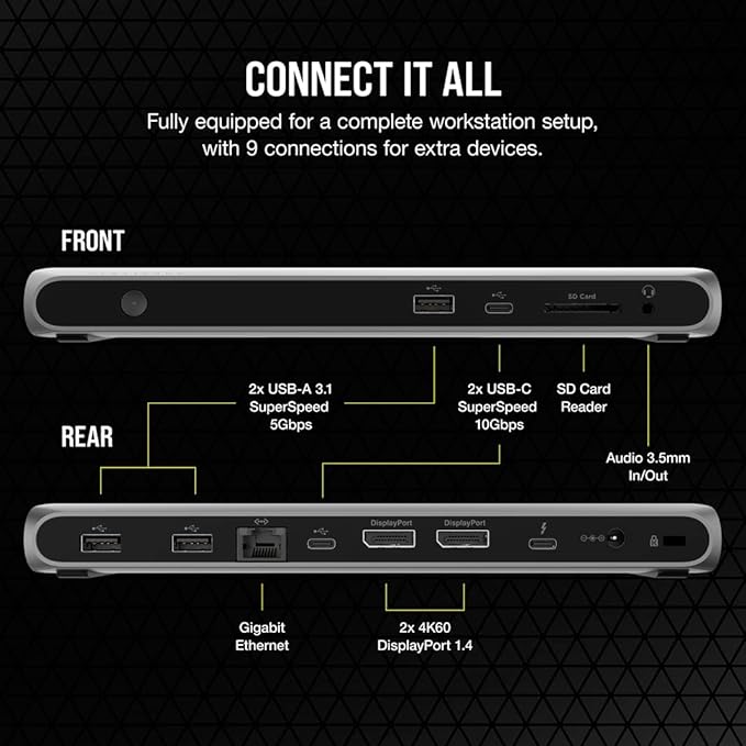 Corsair TBT100 DP Thunderbolt™ 3 Dock with DisplayPort - 2X DisplayPort 1.4 at up to 4K60-2X USB Type-C 10Gbps Ports - 3X USB Type-A 5Gbps Ports