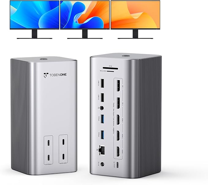 TobenONE 20-in-1 Docking Station 3 Monitors for MacBook Triple 4K@60Hz Monitor Docking Station with 3 HDMI 2 DP 45W PD150W Charger 6 USB Ports Driver-Basedfor M1/M2/M3/M4/M5/Windows/Chrome OS