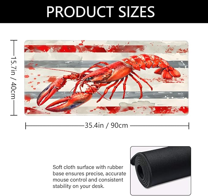Red Vintage Lobster Large Mouse Pad Gaming Mousepad Desk Mat for Desktop Computer Keyboard Waterproof Mouse Mat Desk Pad with Non-Slip Base for Game School Office Home 35.4 x 15.7