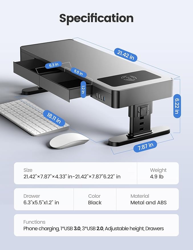 meatanty Monitor Stand Heights Adjustable Computer Riser with Auto Phone Charger 4 USB Ports Hub and Drawer Storage Metal Desktop Organizer Lifter Shelf for PC Screen Studio Display Office Gaming