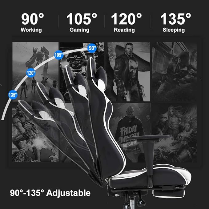 BestOffice PC Gaming Chair Racing Office Chair Ergonomic Desk Chair Massage PU Leather Recliner Computer Chair with Lumbar Support Headrest Armrest Footrest Rolling Swivel Task Chair for Adults White
