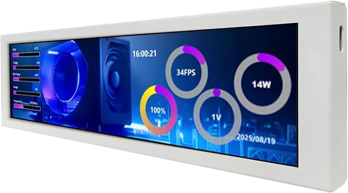 VSDISPLAY 9.16 Inch PC Case LCD Screen with Theme Editor 1920x462 IPS Stretched Bar Display for Monitoring Computer Temp RAM CPU GPU DataWhite