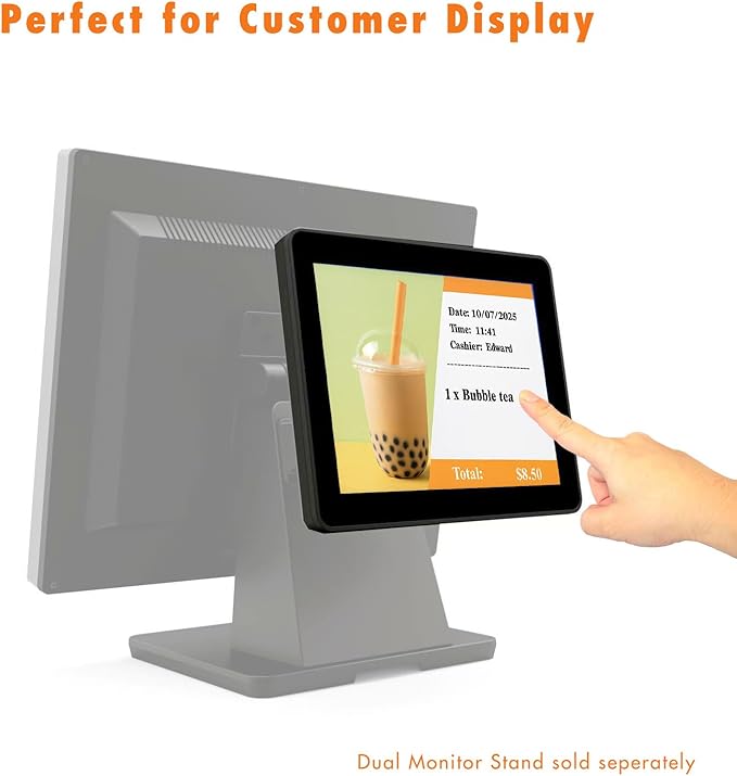 ANGEL POS 12” Touch Screen Monitor 1366×768 HD POS Display with HDMI &amp VGA Splash-Resistant Front Adjustable Metal Stand Ideal for Customer Display Checkout Counter or POS Terminal