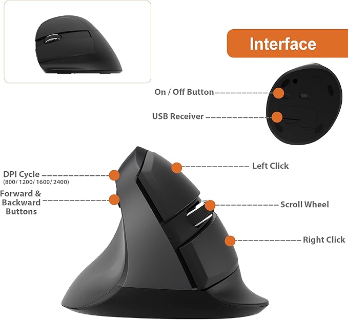 J-Tech Digital Ergonomic Left Hand Mouse with Wireless Connection AA Battery 2.4GHz Nano Transceiver 800 1200 1600 2400 Adjustable DPI Compatible with Windows and MAC OS [V628ML]