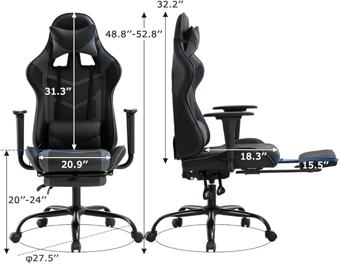 Gaming Chair Video Game Chair with Lumbar Support and Footrest Height Adjustable Ergonomic Computer Gaming Chair with 360° Swivel Seat and Headrest and for Office or Gaming (Black)