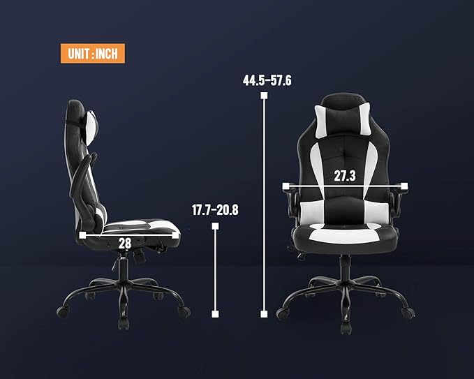 Vnewone Computer Gaming Chair Office PC Ergonomic Executive Desk Racing Rolling Swivel Task PU Leather with Lumbar Support Headrest Adjustable Armrest Massager White