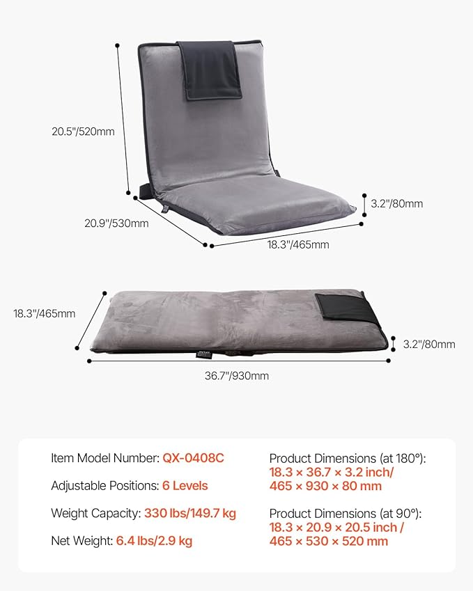 VEVOR Floor Chair 6-Position Adjustable Meditation Chair with Back Support Folding Sofa Chair for Reading TV Watching and Gaming Portable Floor Seat Lounge Sofa Chair for Kids Teens Adults Gray