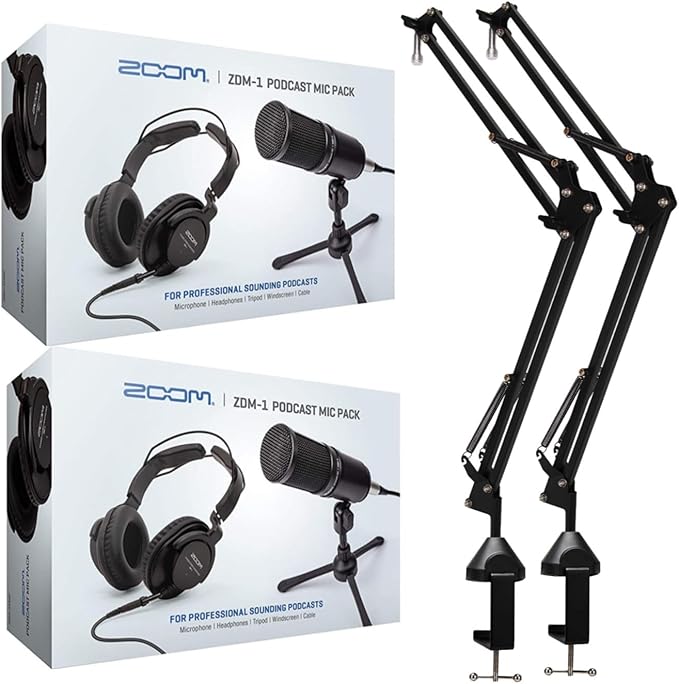 Zoom ZDM-1 2-Person Podcast Mic Pack Kit with Headphones Mic Cables and Boom Arms and 2 Boom Arm Bundle (4 Items)