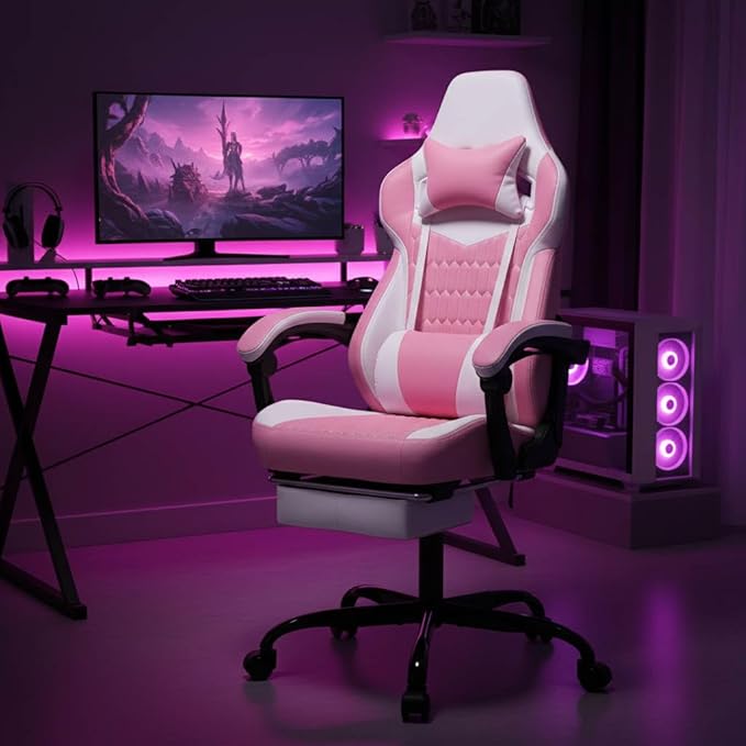 Gaming Chair with Footrest Ergonomic Gamer Chair with Adjustable Lumbar Support &amp Headrest Computer Chair for Adults High Back Video Game Chairs for Home Office PC Gaming Chair (Pink)