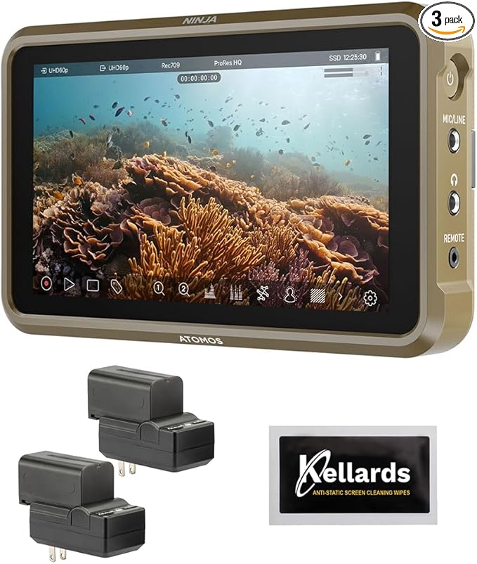 Atomos Ninja 5.2 4K HDMI Recording Monitor (ATOMNJA004) Bundle with Genaray 2X NP-F770 Batteries &amp 2X Chargers Kit and Screen Cleaner (5-Pack)