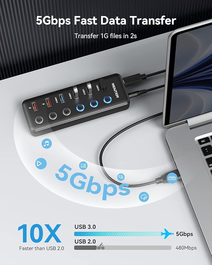 Powered USB Hub Wenter 6-Port USB 3.0 Hub Splitter (4 USB 3.0 Data Ports + 2 QC 3.0 Fast Charging Ports) with Individual LED On/Off Switches USB Hub 3.0 Powered with 36W AC Adapter for Mac PC