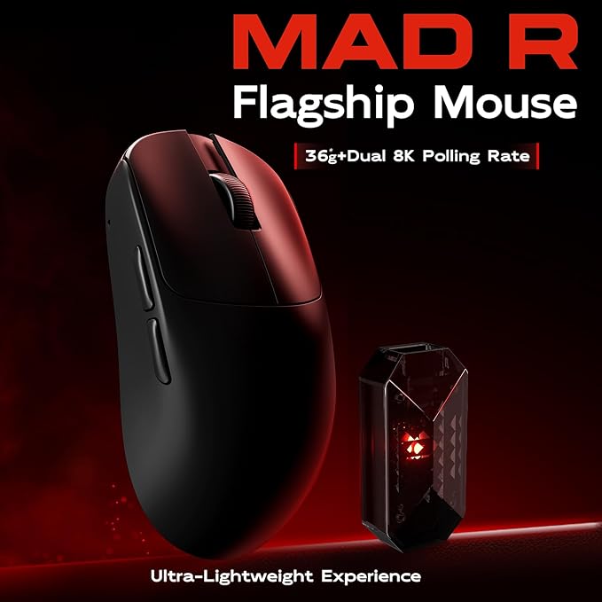 ATK VXE MAD R Gaming Mouse Ultra-Lightweight 36–42g PAW3395/3950 Sensor 42K DPI Dual-Mode 8K Polling Rate 2.4G Wireless &amp USB-C Wired Esports Mouse (MAD R+ Black)