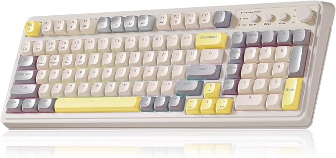 AULA S99 Gaming Keyboard Ergonomic Computer Keyboards Wireless Creamy Keyboard Full Size Cute Backlit Media Knob Programmable Tri-Mode Bluetooth/2.4GHz/USB-C Keyboard for PC Gamer - Grey &amp Yello